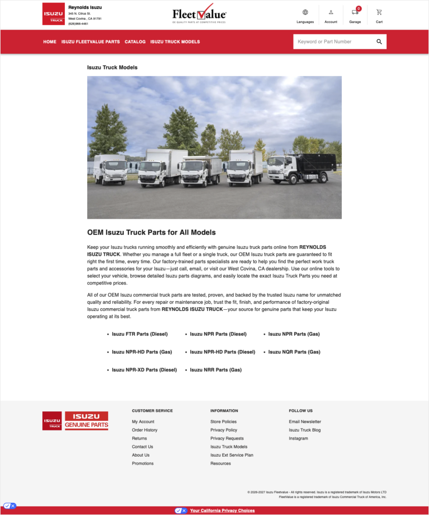 Reynolds Isuzu Truck Parts Ecommerce Website Dev (Management / Maintenance)